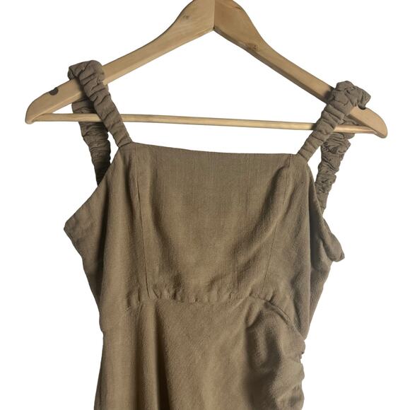 Just Bee Queen Aria Brown Linen Asymmetric Ruched Tie Back Midi Dress Size S - Picture 6 of 13